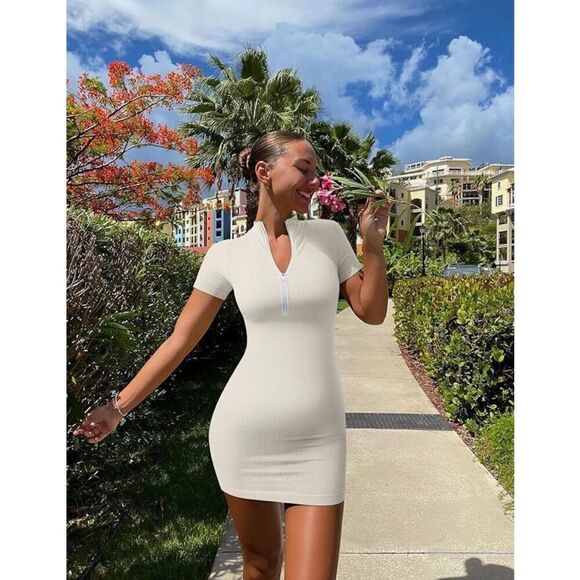 OQQ - 🎉HP🎉 NWT 2-Piece BodyCon Ribbed Zip-Front Short Sleeve Minis/Rose/Cream - Picture 5 of 16